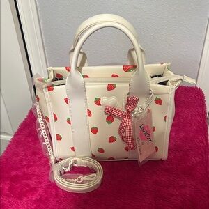 Betsey Johnson Cream Satchel with Red Strawberry Design